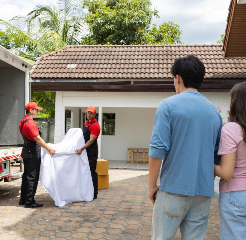 young couple checks with two movers unloading box